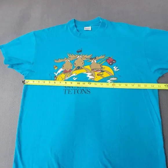 Vintage Grand‎ Tetons Funny Moose T-Shirt Size XL Singlestitch Sleeves Blue 1988 - Picture 8 of 9